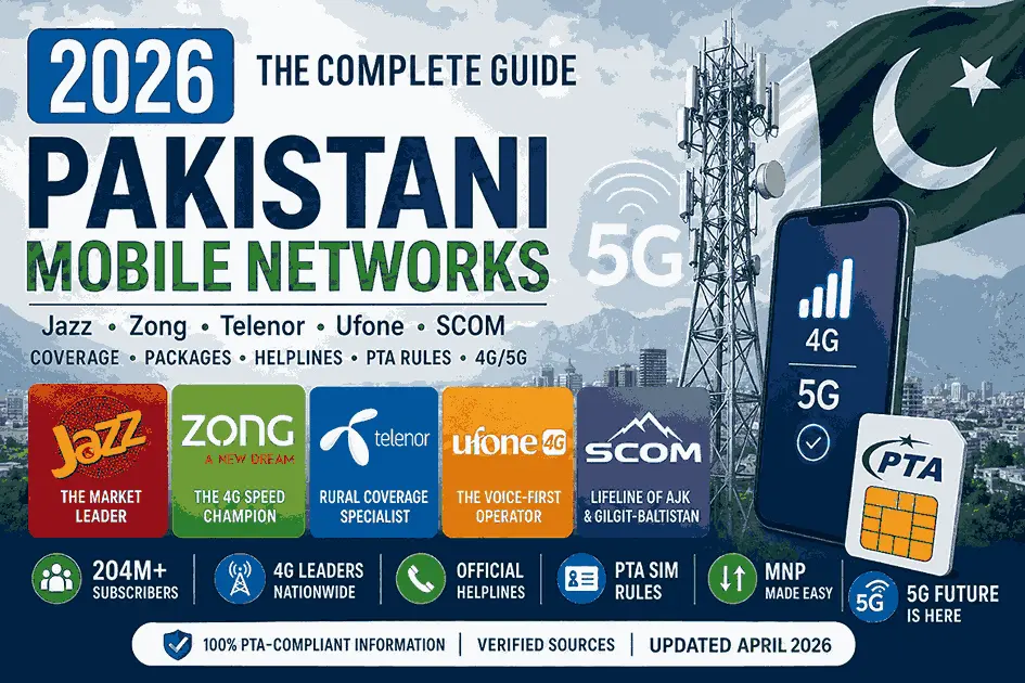 Featured image showing a bold 2026 Pakistani mobile networks guide banner with telecom tower, Pakistani flag, 4G/5G smartphone, and comparison highlights for Jazz, Zong, Telenor, Ufone, and SCOM, emphasizing coverage, packages, PTA rules, and nationwide connectivity.