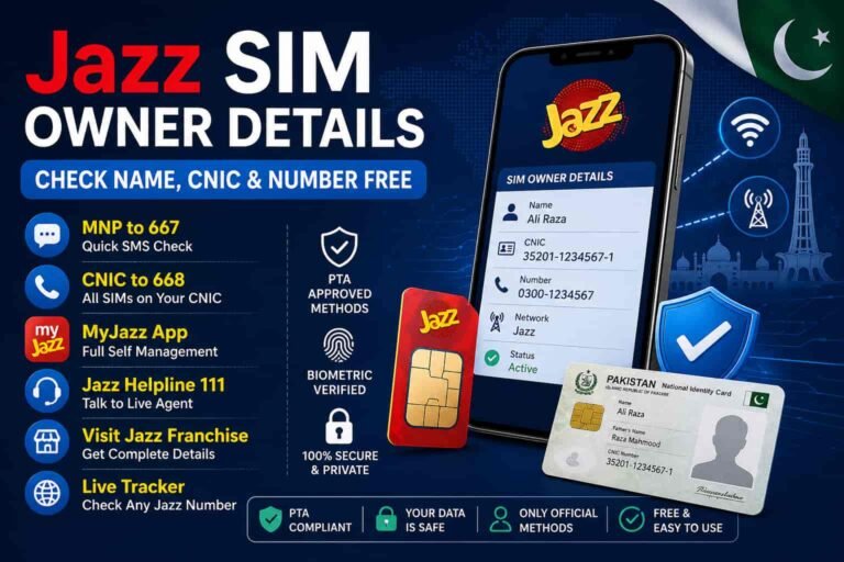 Jazz SIM owner details infographic showing smartphone with CNIC, number, and verification methods including 667 SMS, 668 CNIC check, MyJazz app, and PTA-approved options in Pakistan